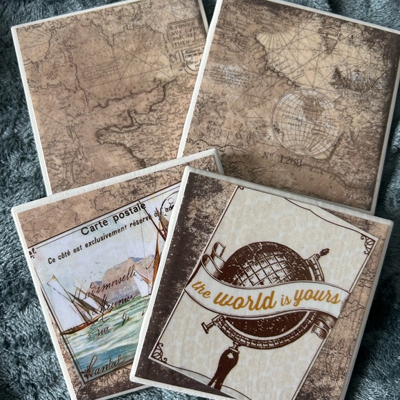 Handmade Ceramic Coaster Set Paris World Map Cream Square Set of Four - Picture 2 of 6